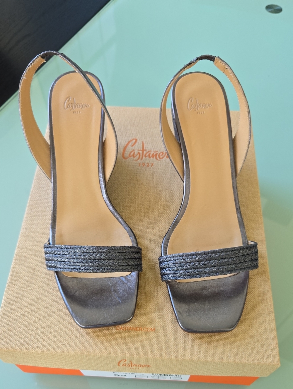 New Castaner Metallic Charcoal Braided Strap Slingback Sandals